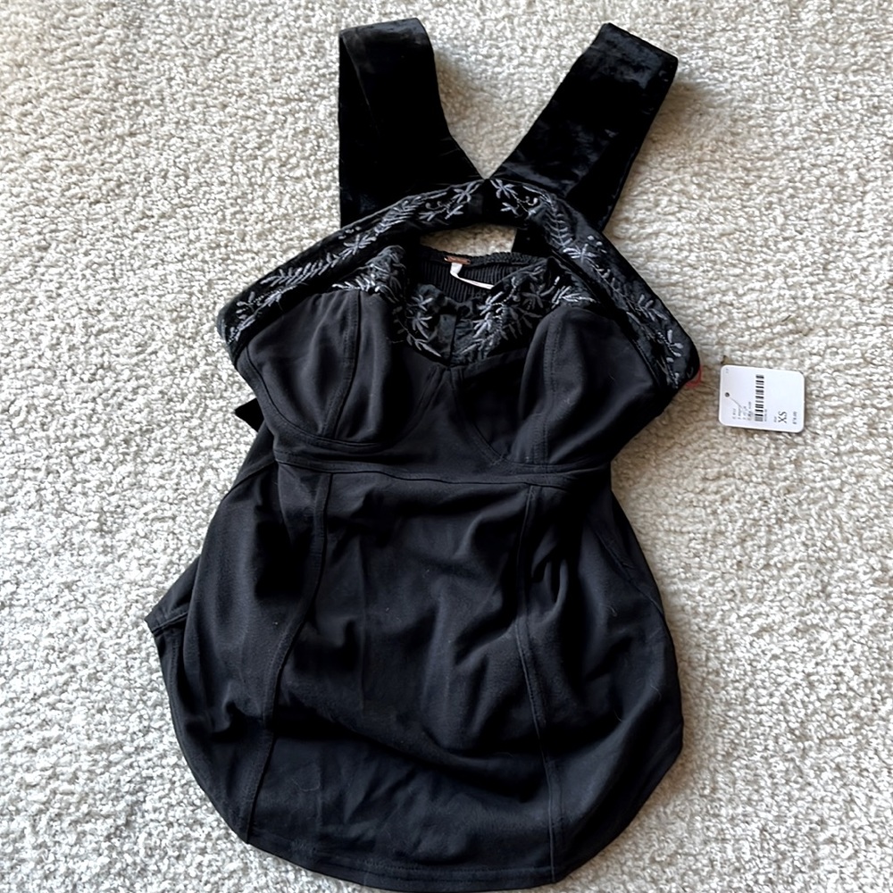 Free People embroider black velvet keyhole top.